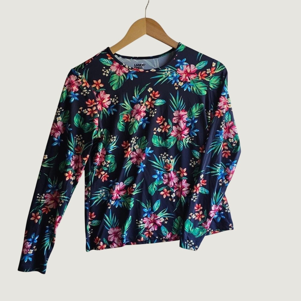 Lands' End Women's S Petite Navy Floral Rash-Guard Long-Sleeve UPF50 Swim Shirt